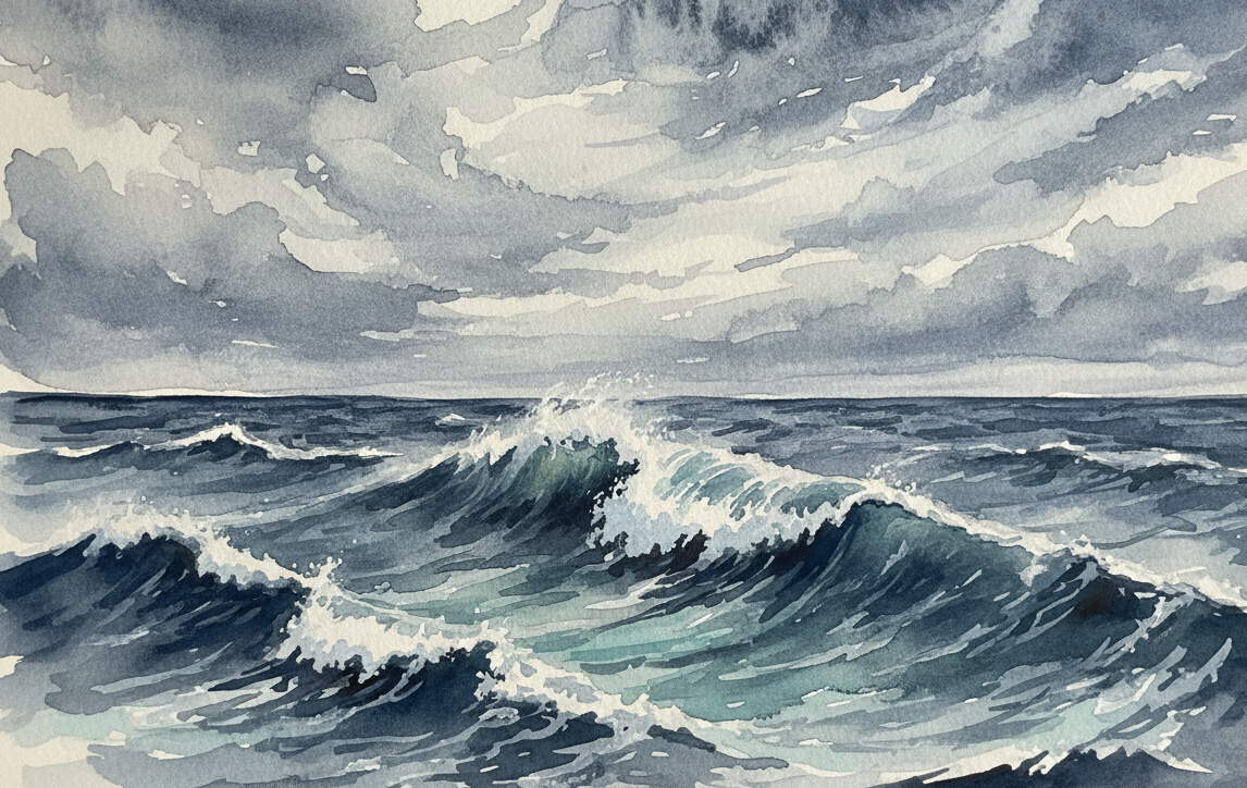Watercolor painting of a turbulent ocean